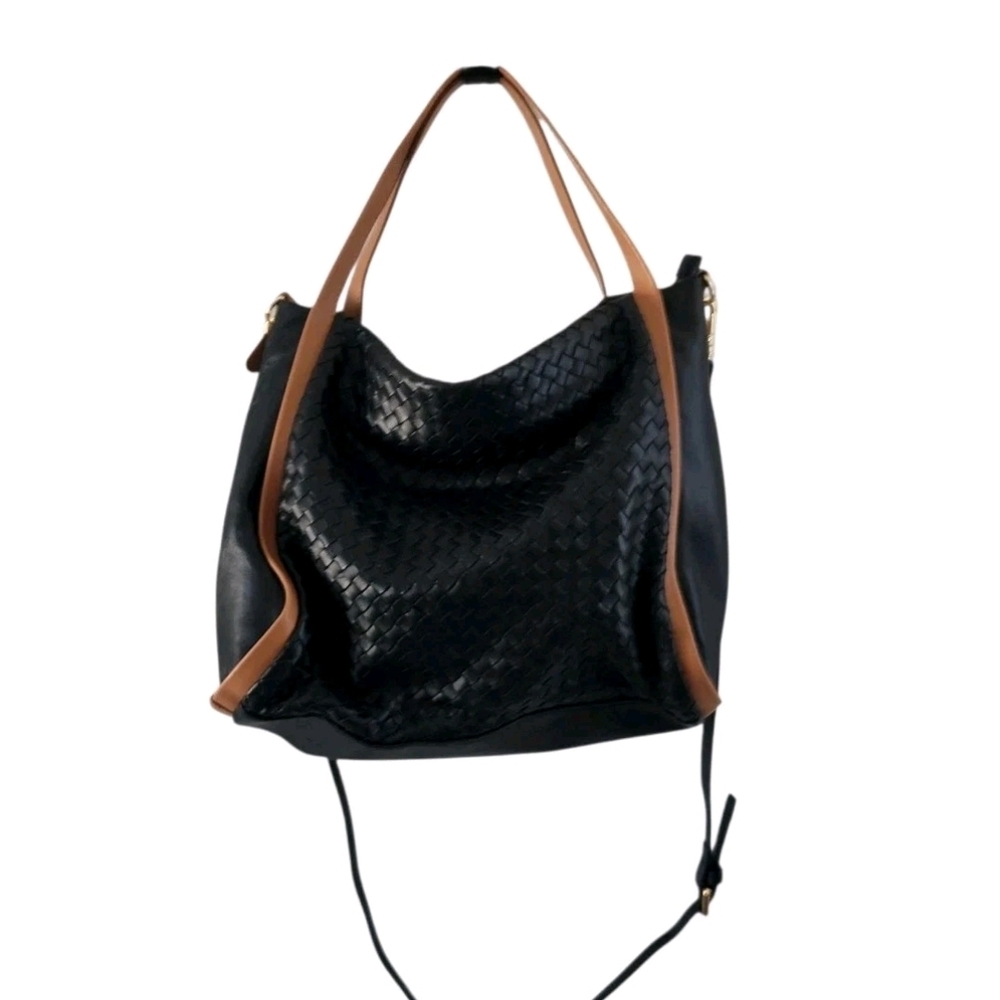 Giorgia Milani Black Leather Woven Shoulder Satchel Bag Brown Trim Made In Italy